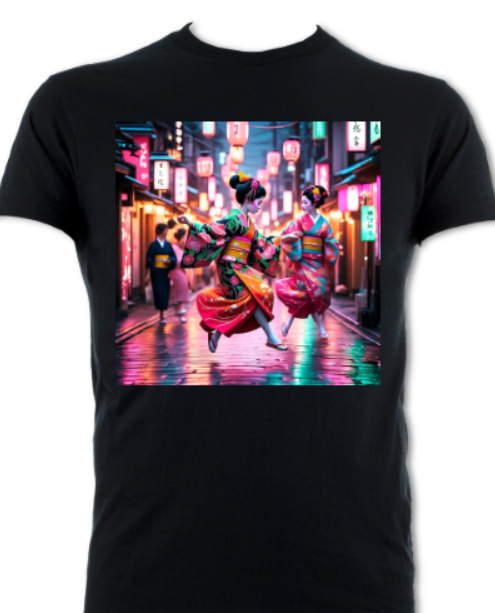 Dancing Neon Geisha Japanese Neon Streets Short Sleeved T-Shirt