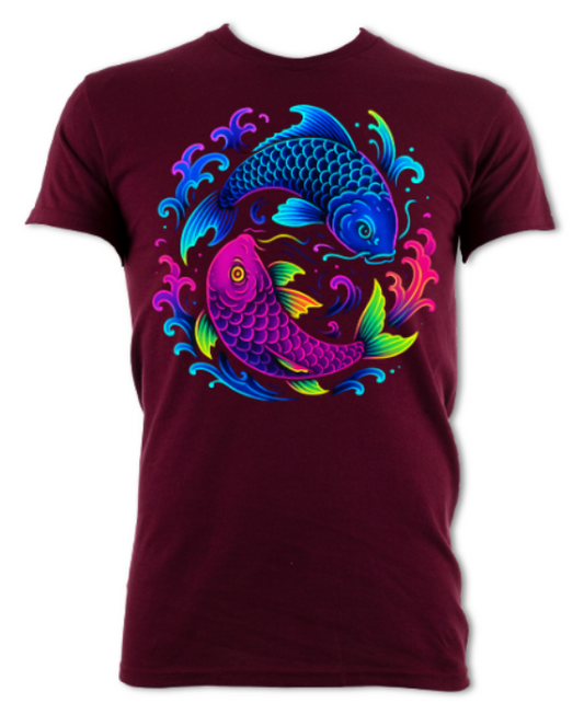 Neon Koi Yin Yang Japanese neon streets shirt maroon