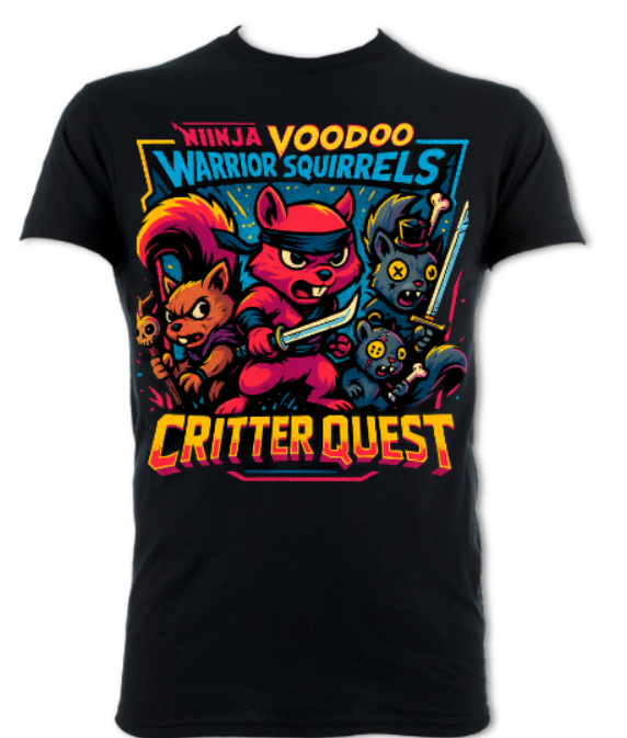 Ninja Voodoo Warrior Squirrels Critter Quest short sleeved t-shirt black