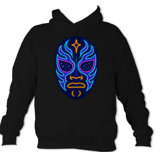Smokespiral Ramen and Rage Neon Luchador logo hoodie