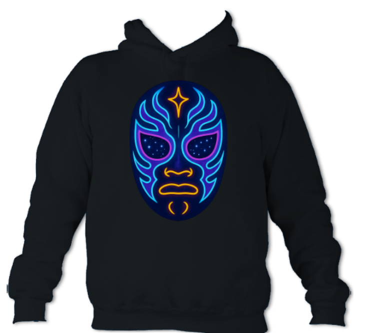 Smokespiral Ramen and Rage Neon Luchador logo hoodie