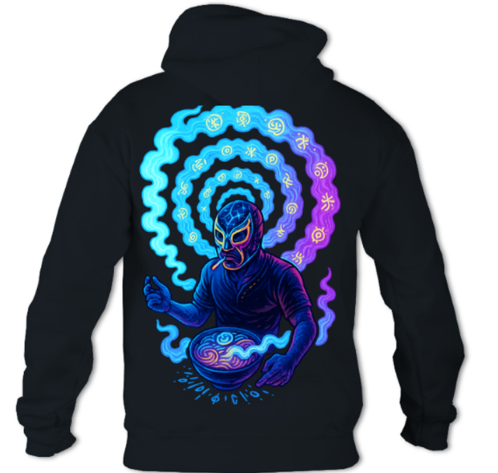 Smokespiral Ramen and Rage Neon Luchador logo hoodie