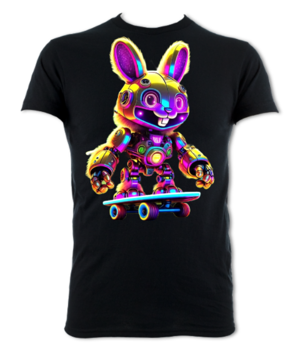 The Psychedelic Adventures of RoboBunny - RoboBunny skates to town short sleeved t-shirt