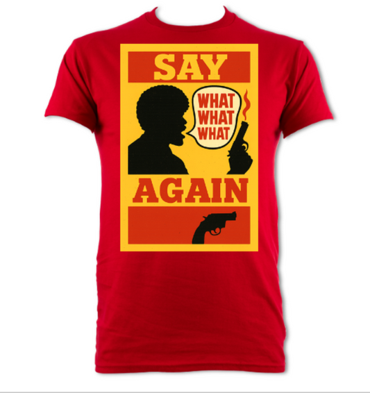 say what again pulp fiction tribute pop art logo short sleeved t-shirt