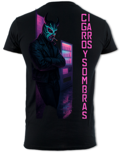 Cigarros Y Sombra Neon Luchador Logo(2 sided) short sleeved t-shirt