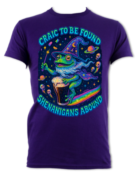 Craic To Be Found Shenanigans Abound Trippy Wizard Toad Short Sleeved T-Shirt (various colours)
