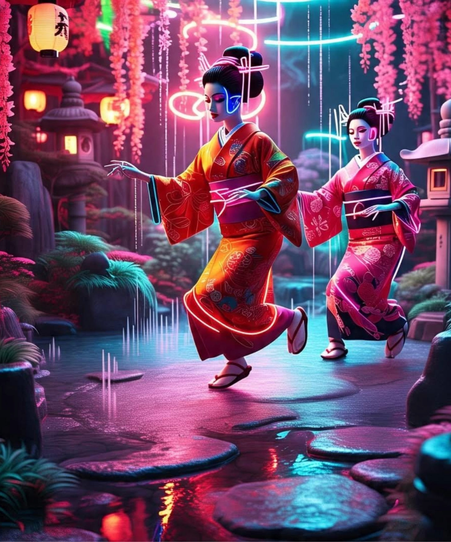 Japanese Neon Streets Dancing Geisha Newest Black Tee