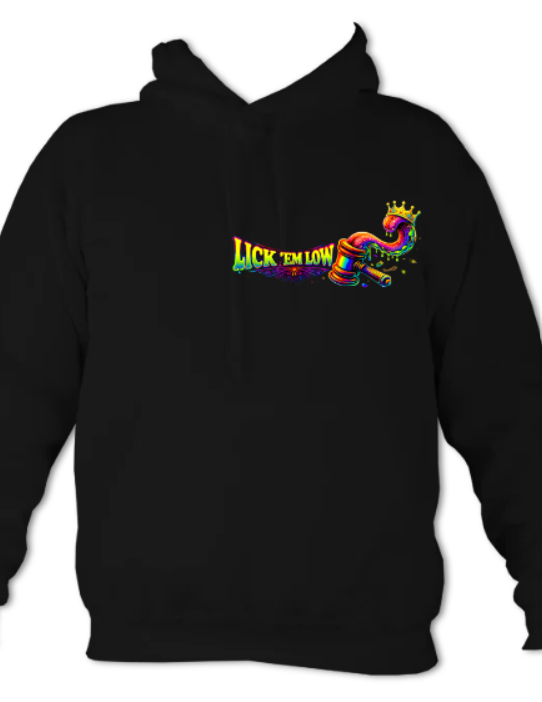 LICK ’EM LOW Tee – Psychedelic Court Chaos Graphic hoodie