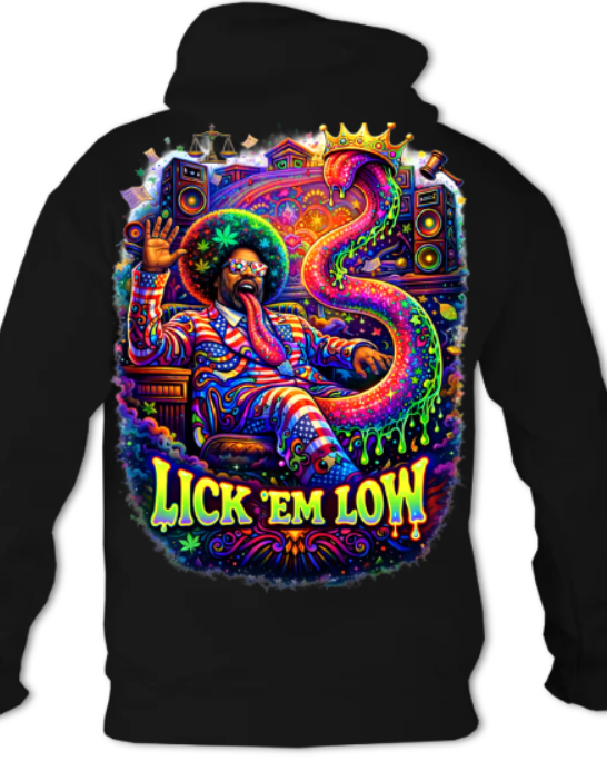 LICK ’EM LOW Tee – Psychedelic Court Chaos Graphic hoodie