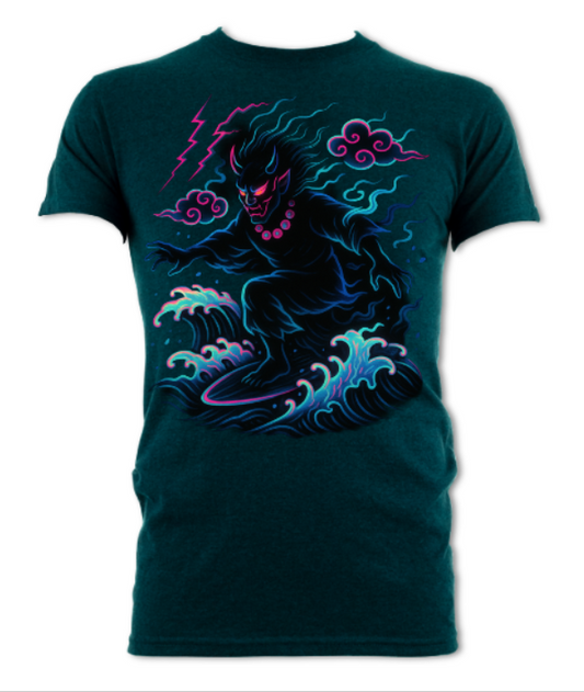 Mystical Oni on Neon Wave Japanese Neon Streets Shirt Midnight blue