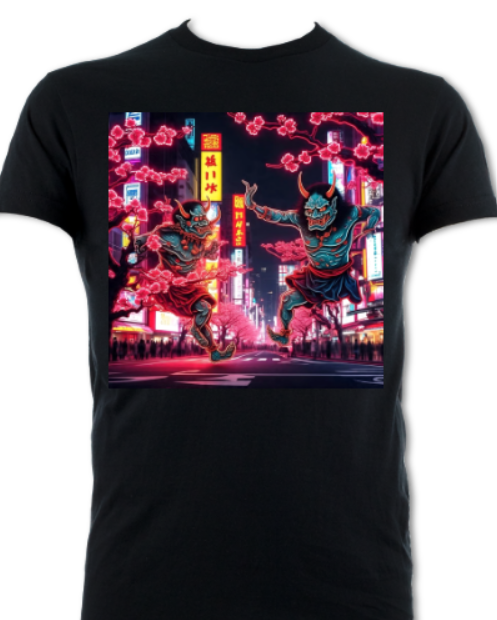 Demons and Cherry Blossoms Japanese Neon Streets Short Sleeved T-Shirt