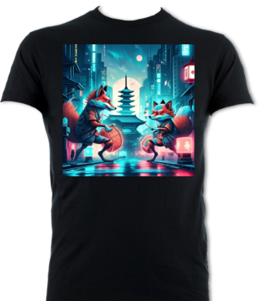 Foxes With Drums Japanese Neon Streets Short Sleeved Shirt