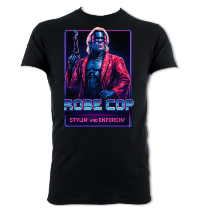 Black t-shirt with a graphic of a character in a red outfit and text 'ROBE COP Stylin' and Enforcin'' on a white background.

the Nature Boy, Robe Cop
