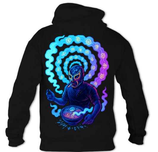 Smokespiral Ramen and Rage Neon Luchador logo hoodie