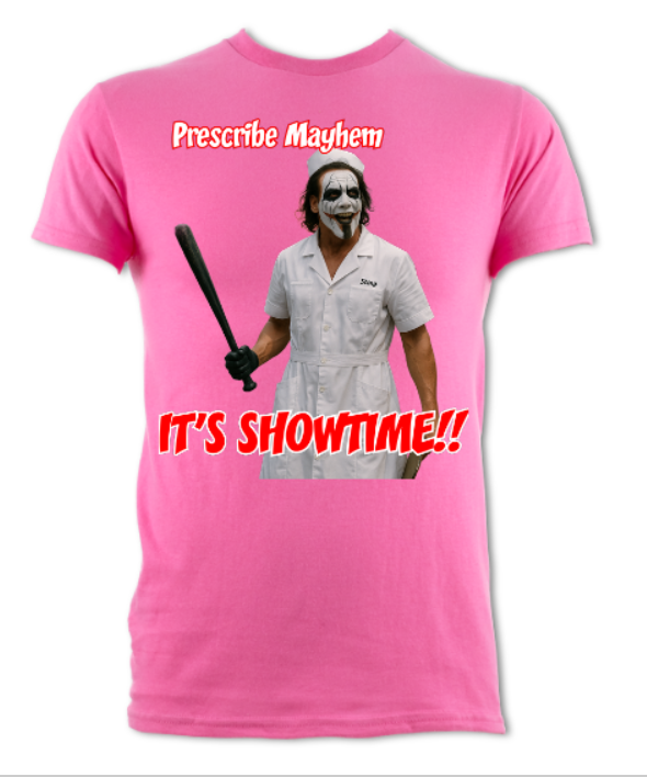 Prescribe Mayhem It's Showtime Sting Joker parody tribute short sleeved t-shirt