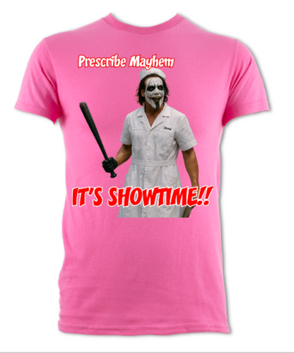 Prescribe Mayhem It's Showtime Sting Joker parody tribute short sleeved t-shirt