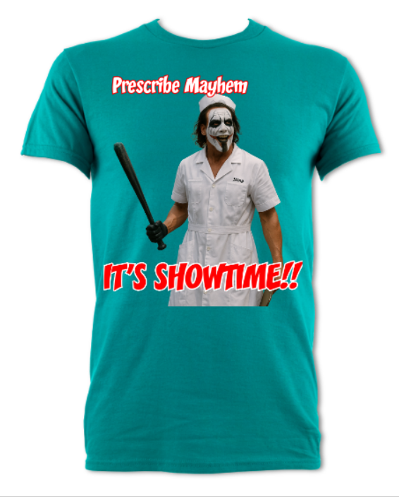 Prescribe Mayhem It's Showtime Sting Joker parody tribute short sleeved t-shirt