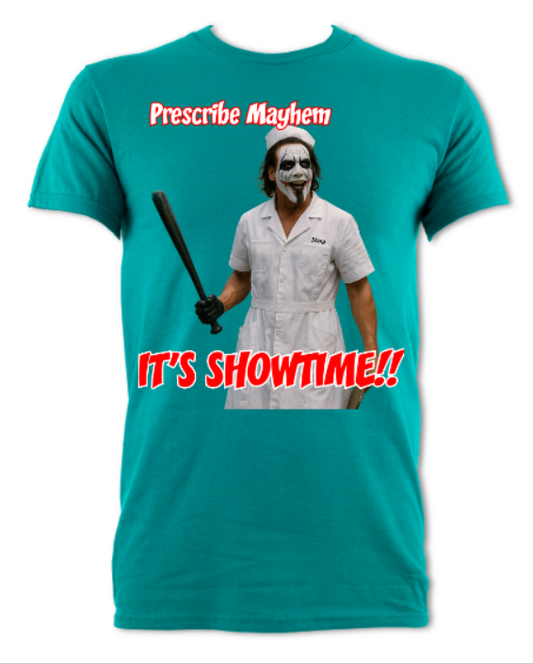 Prescribe Mayhem It's Showtime Sting Joker parody tribute short sleeved t-shirt