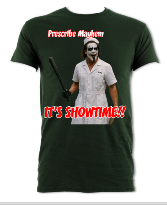 Prescribe Mayhem It's Showtime Sting Joker parody tribute short sleeved t-shirt