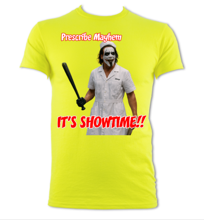 Prescribe Mayhem It's Showtime Sting Joker parody tribute short sleeved t-shirt