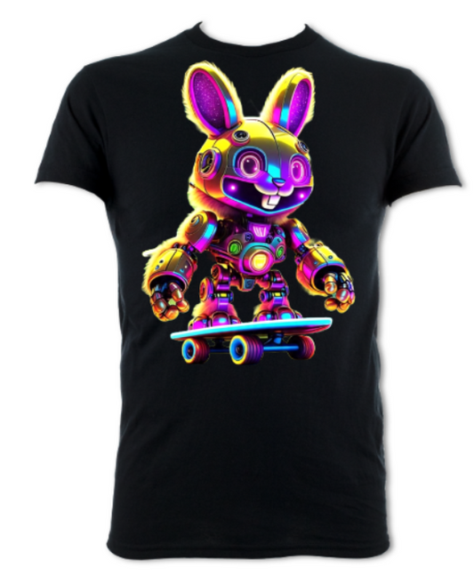The Psychedelic Adventures of RoboBunny - RoboBunny skates to town short sleeved t-shirt